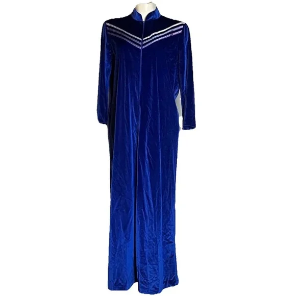 Vtg Blue Velour House Coat Robe M Zip Long Sleeves Cozy Modest Full Length Long - Picture 4 of 10